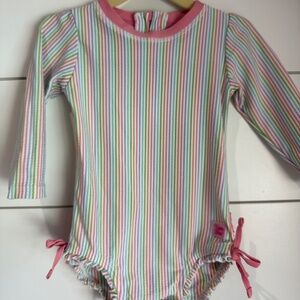Ruffle Butts Long sleeve One piece Rash Guard Rainbow Stripe with Matching Bow